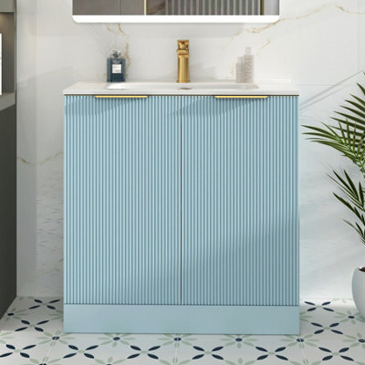 Royal Bathrooms Evora 800mm Powder Blue Fluted Floor Standing Bathroom Vanity Unit 2 Door Cabinet With Ceramic Basin & Brushed Brass Handles - image 1