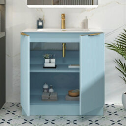 Royal Bathrooms Evora 800mm Powder Blue Fluted Floor Standing Bathroom Vanity Unit 2 Door Cabinet With Ceramic Basin & Brushed Brass Handles - thumbnail 3