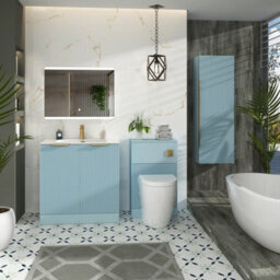 Royal Bathrooms Evora 800mm Powder Blue Fluted Floor Standing Bathroom Vanity Unit 2 Door Cabinet With Ceramic Basin & Brushed Brass Handles - thumbnail 2
