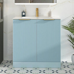Royal Bathrooms Evora 800mm Powder Blue Fluted Floor Standing Bathroom Vanity Unit 2 Door Cabinet With Ceramic Basin & Brushed Brass Handles