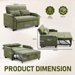 2 Seater Sofa Bed Green Living Room Pull Out Convertible Sleeper With 2 Cushions - thumbnail 2