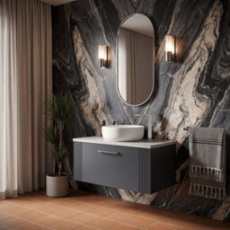 Balterley Belvide Partial Fluted 1 Drawer Wall Hung Vanity Unit With Bellato Grey Laminate Worktop - 800mm - Satin Soft Black - thumbnail 4