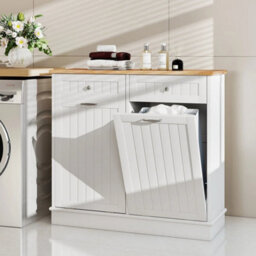 Double Tilt Out Trash Can Cabinet Farmhouse Kitchen Island Cabinet-White - thumbnail 3