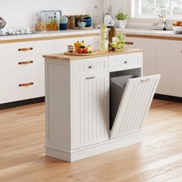Double Tilt Out Trash Can Cabinet Farmhouse Kitchen Island Cabinet-White - thumbnail 4