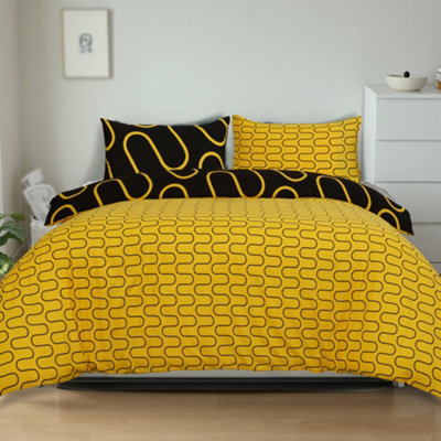 Aspire Homeware Printed Microfiber Duvet Cover Set, Ochre & Black Wave Reversible, King, (L)220Cm X (W)230Cm - image 1