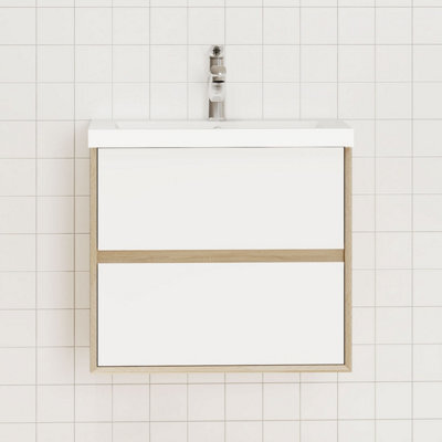 Probaty Bathrooms Wall Vanity Unit,600X400X520mm,glossy White Combined With Oak Color,2-Drawer With Artificial Stone Basin - image 1