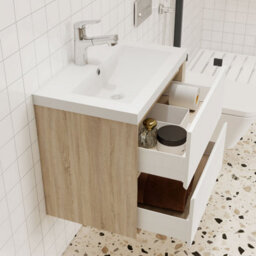 Probaty Bathrooms Wall Vanity Unit,600X400X520mm,glossy White Combined With Oak Color,2-Drawer With Artificial Stone Basin - thumbnail 5