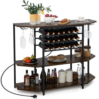 Gainoom Wine Bar Cabinet Brown 3 Tier Industrial Wine Rack With Storage Shelves Glass Holder - image 1