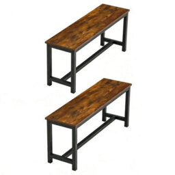 Set Of 2 Dining Benches 98Cm Rustic Brown Wood Effect Seat Indoor Outdoor Seatin - thumbnail 3