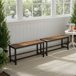 Set Of 2 Dining Benches 98Cm Rustic Brown Wood Effect Seat Indoor Outdoor Seatin - thumbnail 1