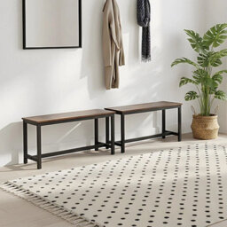 Set Of 2 Dining Benches 98Cm Rustic Brown Wood Effect Seat Indoor Outdoor Seatin - thumbnail 4
