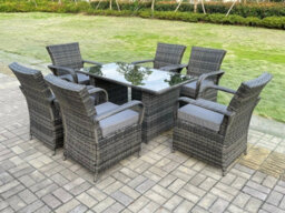 Fimous Rattan Garden Furniture Dining Set Table And Chairs Sets Pe Wicker Patio Outdoor 6 Chairs Plus Rectangular Table