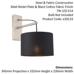 Matt Nickel Wall Light & Black Cotton Fabric Shade - Hanging Wall Lamp Fitting - thumbnail 2