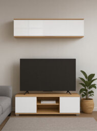 Impact Furniture Wall Mounted Cabinet Living Room Floating Storage Shelf Unit 135Cm White Gloss Oak Effect Zele - thumbnail 4