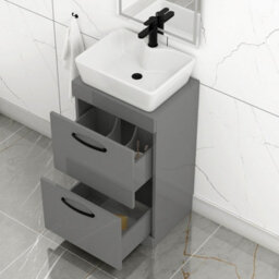 Royal Bathrooms 500mm Floor Standing Vanity Unit 2 Drawer Indigo Grey Gloss & Countertop Basin - Cube With Matt Black Handle - thumbnail 3