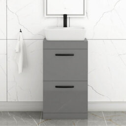 Royal Bathrooms 500mm Floor Standing Vanity Unit 2 Drawer Indigo Grey Gloss & Countertop Basin - Cube With Matt Black Handle