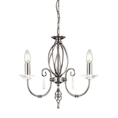 Elegant 3 Bulb Chandelier With Cut Glass Droplets And Polished Nickel Finish