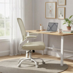 LEDREM Mesh Office Desk Chair, Ergonomic Swivel Chair, Folding Armrests, Beige - thumbnail 1
