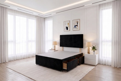 Knight Sleep York Black Plush 5Ft Divan Bed Base With 2 Drawers & Headboard-King Size