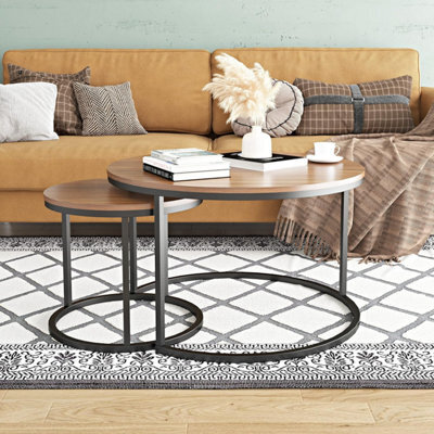 Rustic Round Wooden Nesting Coffee Table Set Of 2 Space Saving Wooden Tables With Metal Frame For Living Room, Bedroom & Office - image 1