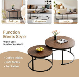 Rustic Round Wooden Nesting Coffee Table Set Of 2 Space Saving Wooden Tables With Metal Frame For Living Room, Bedroom & Office - thumbnail 4