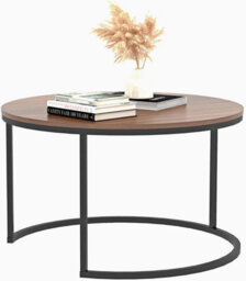 Rustic Round Wooden Nesting Coffee Table Set Of 2 Space Saving Wooden Tables With Metal Frame For Living Room, Bedroom & Office - thumbnail 8