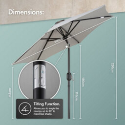 Vonhaus Parasol 2M, Garden Umbrella, Sun Shade Canopy With Hand Crank, Tilt Function, Uv30+ Protection, Air Vent, Steel Frame - thumbnail 7
