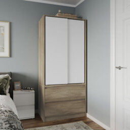 Urbn-Living Urbnliving 2 Sliding Doors Wardrobe 2 Drawer Bedroom Clothes Hanging Rail Oak Carcass With White Doors Storage Cupboard - thumbnail 1