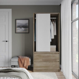 Urbn-Living Urbnliving 2 Sliding Doors Wardrobe 2 Drawer Bedroom Clothes Hanging Rail Oak Carcass With White Doors Storage Cupboard - thumbnail 3