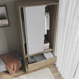 Urbn-Living Urbnliving 2 Sliding Doors Wardrobe 2 Drawer Bedroom Clothes Hanging Rail Oak Carcass With White Doors Storage Cupboard - thumbnail 4