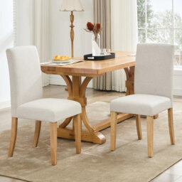 London Boutique Beige 2Pcs Upholstered Dining Chairs, Linen Kitchen Chairs With Curved Backs And Rubberwood Legs - thumbnail 1