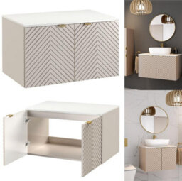 Impact Furniture Wall Hung Vanity Unit With 800mm Countertop Worktop Bathroom Cabinet Fluted Ribbed Beige Cashmere Cara