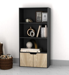 Urbn-Living Urbnliving Height 118Cm 4 Tier Wooden Bookcase Cupboard With Doors Storage Shelving Display Colour Black Door Oak Cabinet Unit - thumbnail 2