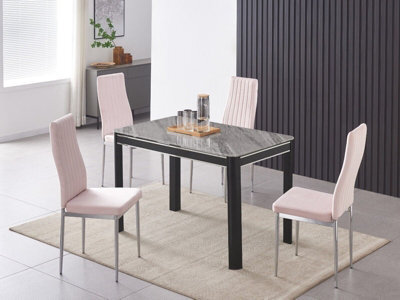 Furnizone UK Milano 4-Seater Grey Marble-Effect Glass Dining Table And 4 Monza Pink Velvet Chairs - image 1