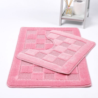 Homes & Linen Bath Mat & Pedestal Set 2 Piece Squares Pink Non Slip Bathroom Toilet Rug Bath Mats Set