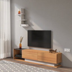 Decorotika Decortika Liza Modern Tv Stand Tv Unit With Storage Teak & Black White - thumbnail 2