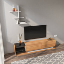 Decorotika Decortika Liza Modern Tv Stand Tv Unit With Storage Teak & Black White - thumbnail 3