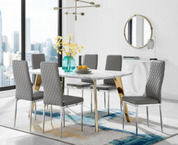 Furniturebox Uk Andria Gold Leg Marble Effect Dining Table And  6 Grey Milan Chairs