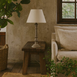 Wyld Haus Turin Tall Distressed Grey Wooden Table Lamp With Cream Linen Shade - thumbnail 2