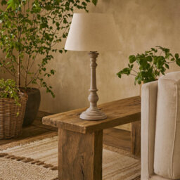 Wyld Haus Turin Tall Distressed Grey Wooden Table Lamp With Cream Linen Shade
