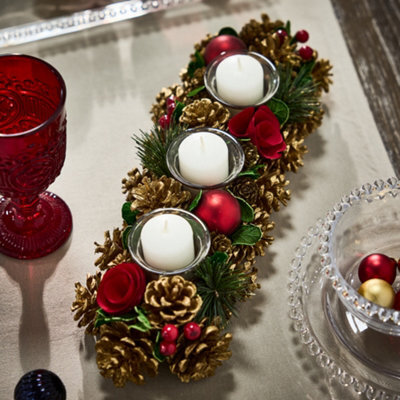 Dibor Berries And Baubles Red Triple Table Centrepiece Christmas Decoration Candle Holder Tealight Holder 39Cm - image 1