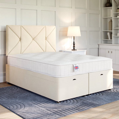 Divan Base Direct Naples Cream Ottoman Divan 5Ft King Size Side Lift Ottoman + Hampton Floor Standing Headboard - image 1