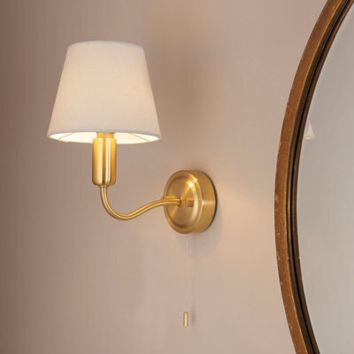 Anson Lighting Carwyn Brushed Gold Effect And Ivory Linen Shade 1 Light Bathroom Wall Light - image 1
