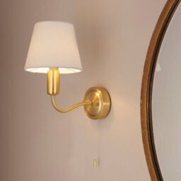 Anson Lighting Carwyn Brushed Gold Effect And Ivory Linen Shade 1 Light Bathroom Wall Light - thumbnail 1