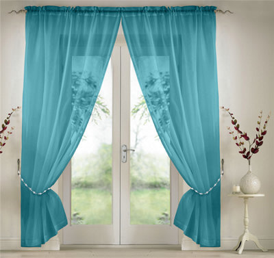 Luxury Living Elegant Plain Voile Curtain Panels Pair With Free Tie Backs Teal - image 1