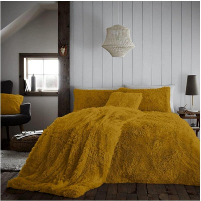 Gc Gaveno Cavailia Hug & Snug Teddy Fleece Double Ochre Duvet Cover With Matching Pillowcase Warm Fluffy Soft & Cosy Bedding Set - image 1