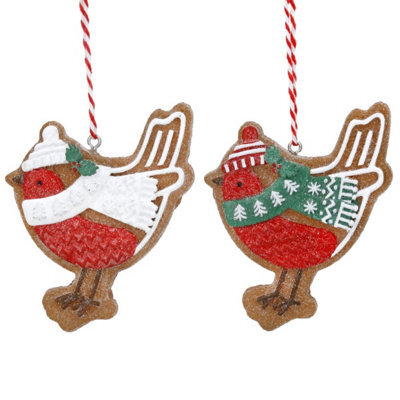 Gisela Graham Christmas Set Of 2 Gingerbread Robin Christmas Tree Decorations, 6 X 8 Cm Each