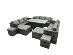 Fimous Rattan Dining Table Sofa Set With 4 Stools Outdoor 13 Seat Garden Furniture Set Dark Grey Mixed - thumbnail 2
