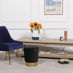 Anthea Black Velvet Gold Trim Round Pouffe Upholstered Stool - thumbnail 3