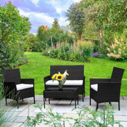Divchi Garden Furniture Set Rattan Patio Conservatory Balcony 4 Seater Piece Glass Top Coffee Table Sofa Black - thumbnail 2